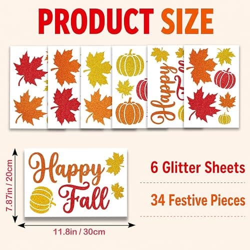 Glitter Fall Window Clings Autumn Thanksgiving Window Stickers Decals Decor | 6 Sheets Window Decals with Sparkling Powder, Happy Fall Decorations for Home Office School Classroom Kids Room Indoor Party thumbnail 2