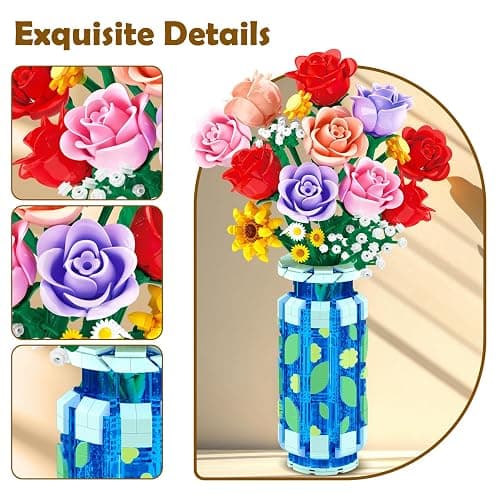 CUBIMANA Roses Flowers Building Set with Vase & LED Light, Mother's Day 16 Mini Flowers Bouquet Botanical Building Blocks Toy, Birthday Gifts for Adults, Artificial Flowers for Home Decor & Display thumbnail 5