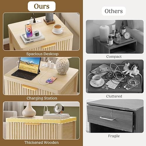 Night Stand Set 2, Fluted Wood Nightstands w/Charging Station for Bedroom | Natural, Storage Drawer, Open Shelf, Metal Silent Rails, Round Corners, Modern Fluted Panel, Living Room, Bedside Table thumbnail 5