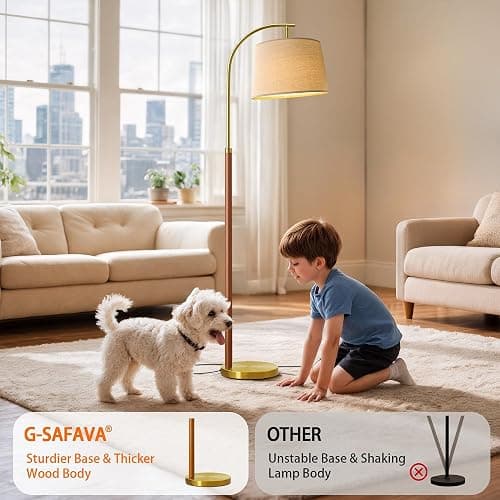 G-SAFAVA 62.5" Wood Floor Lamp for Living Room Gold with Foot Switch Arc Standing Tall Lamps for Bedroom Mid Century Modern Corner Floor Lamps for Office Nursery Industrial Reading Light Room Lamp thumbnail 3