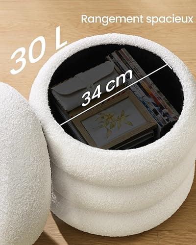 SONGMICS Tabouret de Coiffeuse, Pouf Rond avec Rangement, Repose-Pieds Rembourré, Couvercle Amovible, pour Salon, Chambre, Entrée, Montage Facile, 43 x 47 cm, Tissu Peluche Teddy, Blanc LOM015WD01 thumbnail 2