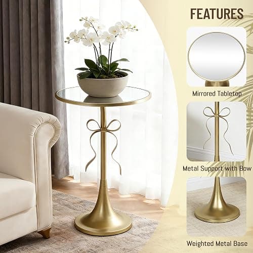 Aoligrace Gold Metal Side Table, Retro Bow Pedestal End Table with Mirror Tabletop, Decorative Martini Drink Table for Small Space, Living Room, Couch, Patio thumbnail 5