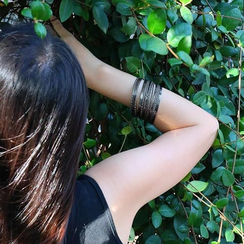 JAZTAKU 80S Multiple Textured Metal Black Bracelets & Bangles Set for Women Multi Layer Stackable Textured Bracelets Boho Jewelrys Set. thumbnail 4