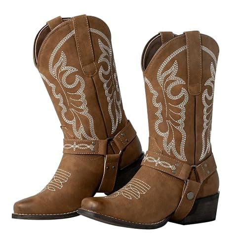 J's.o.l.e Women's Square Toe Cowgirl Cowboy Boots Mid Calf Western Riding Boots with Fashion Buckle Strap thumbnail 9