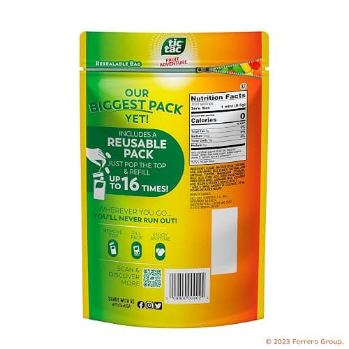 Tic Tac Bulk Resealable Refill Bag, Fruit Adventure Mints, On-The-Go Refreshment, Includes Empty Refillable Pack, 17.2 oz thumbnail 2