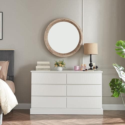 Alaxgumrol White Bedroom Dresser Modern 6 Drawers Dressers Wood Organizer Wide Dresser & Chest of Drawers Storage for Living Room, Entryway, Hallway - White - 15.7"D x 47.3"W x 27.6"H (6 Drawers) thumbnail 6