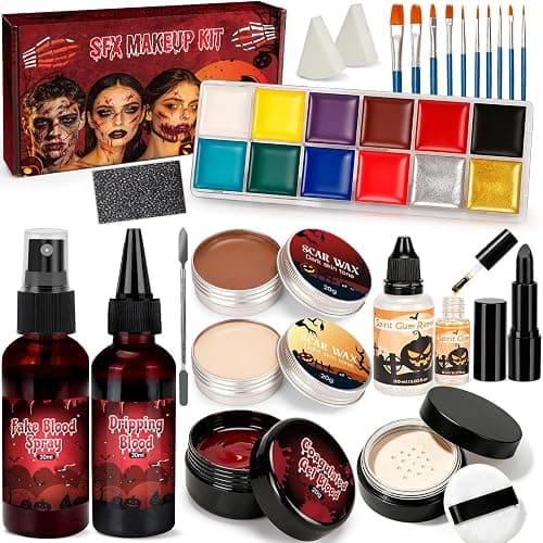 Halloween SFX Makeup Kit 24pcs for Adults Zombie Vampire Cosplay | 3 Kinds of Fake Blood+Scar Wax+Oil Face Paint Kit, Setting Powder, Brushes, Sponges, Professional Special Effects Makeup Kit - Image 1