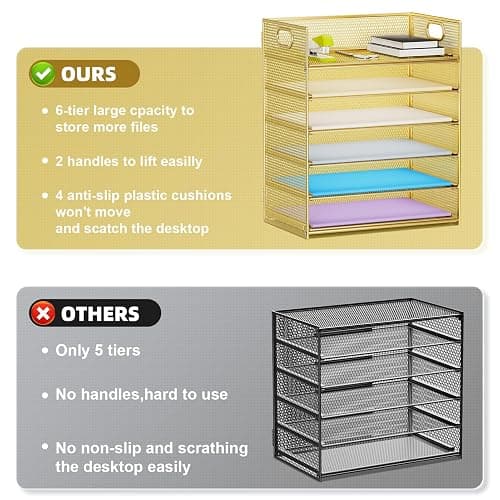 Marbrasse Paper Letter Tray Organizer - 6 Tier Mesh File Organizer with Handle, Paper Sorter Organizer for Letter/A4 Office File Folder Holder - Gold thumbnail 4