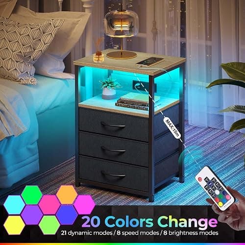 Seventable Nightstand with Charging Station and LED Light, Side Table with 3 Fabric Drawers, Bedside End Table with USB Ports and Outlets, Night Stand for Bedroom, Greige thumbnail 4