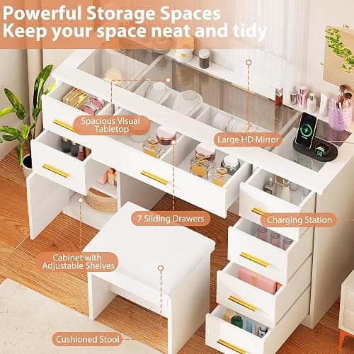 ANWBROAD Large Vanity Desk with Lighted Mirror White Makeup Vanity Set with Glass Top & Power Outlet & 7 Drawers Storage 3 Color Lighting Modes Dressing Table with Stool for Bedroom Women Girl UBDT83W thumbnail 3