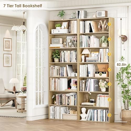 FACBOTALL 82" Tall Bookshelf, 7-Tier Open Shelves Bookcase, Freestanding Display Storage Shelves, Tall Bookcase Home Decor Furniture for Home Office, Living Room, Bedroom, Light Oak thumbnail 5