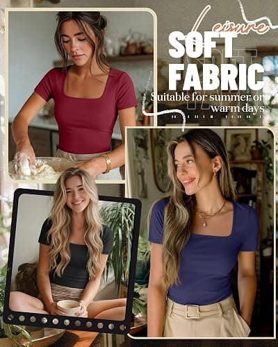 Ficerd 3 Pack Women's Square Neck Shirts, Short Sleeve Slim Fit Tops Scoop Neck Summer Casual Basic T-Shirts Tee thumbnail 2