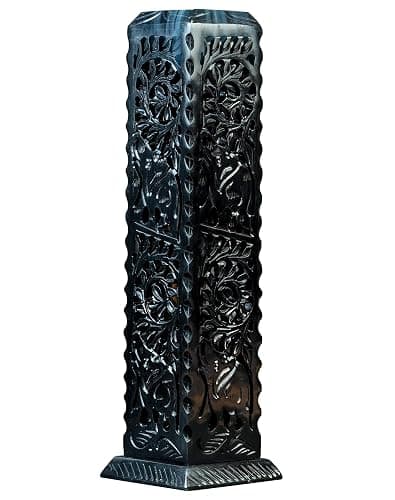 Crocon Black Marble Soapstone Incense Stick Burner Square Shape Leaf & Half Wheel Carving Tower Burner | Tea Light Candle Holder | Decorative Home & Kitchen Size - LxWxH 3X3X11 Inch thumbnail 9
