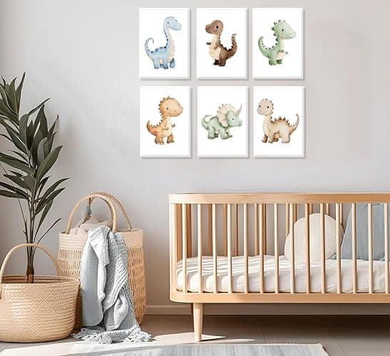 6Pcs Dinosaur Nursery Wall Art Kids Room Canvas Poster Toddler Baby Watercolor Dino Wall Decor Dinosaur Painting Prints Cute Dino Pictures for Nursery Bedroom Boy Playroom Framed thumbnail 2