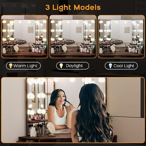 Knowfunn Corner Vanity Desk Set with 3-Folding Lighted Mirrors, Makeup Vanity Table with Charging Station, 5 Rotating Drawers and Storage Bench for Bedroom, Rustic Brown thumbnail 3