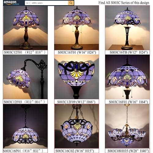 WERFACTORY Tiffany Table Lamp Blue Purple Stained Glass Baroque Style Reading Desk Light, Metal Leaf Base 8X10X21 Inches Decor Small Space Bedside Bedroom Home Office S003C Series thumbnail 9