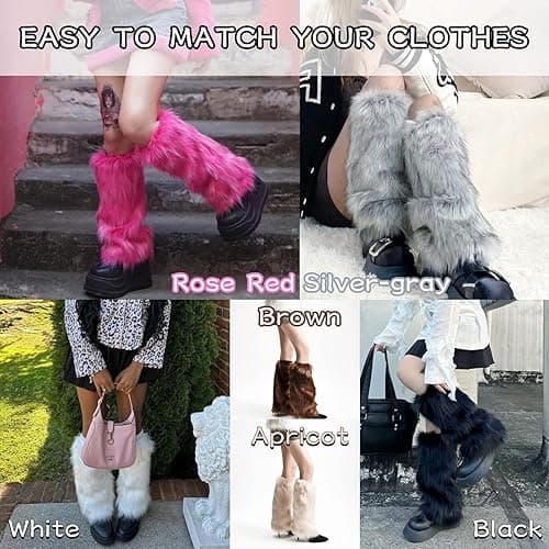 Peecabe Winter Women Faux Fur Fluffy Leg Warmers Fuzzy Long Boot Covers Furry For Christmas - 40cm/15.7in Length - Rose Red thumbnail 2