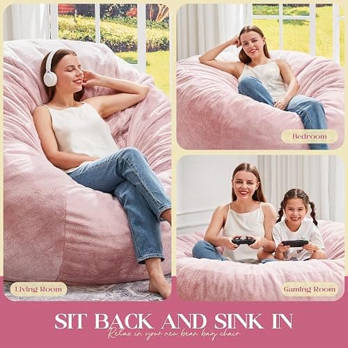 Hobestluk Bean Bag Chairs Giant Beanbag Chair with Filler, Memory Foam Bean Bags with Fluffy & Machine Washable Cover, Bean Bag Chairs for Aduts for Living Room, Bedroom (Pink, 5FT - 50” x 50” x 24”) thumbnail 5