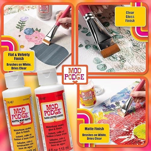Mod Podge Decoupage Starter Kit, Gloss and Matte Medium with 3 Pixiss Foam Brushes, Waterproof for Puzzles, Wood and More thumbnail 5