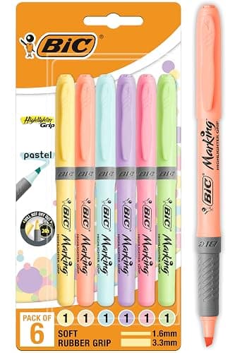 BIC Highlighters Grip Pastel Colours - Grip Highlighter Pens Multipack - Stationery Supplies Pack of 6 - Image 1