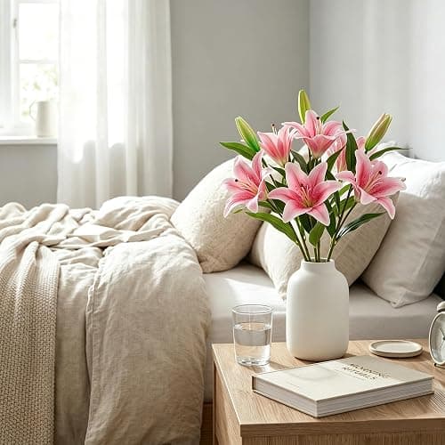 HNVNER 6 Bündel Kunstblumen Lilien, 3D-künstliche Lilien Blumen Rosa | 12 Blüten & 6 Knospen, rahtstiele biegbar, pollenfrei wasserdicht pflegeleicht lilien künstlich,für Hochzeit Home & Büro Deko thumbnail 6