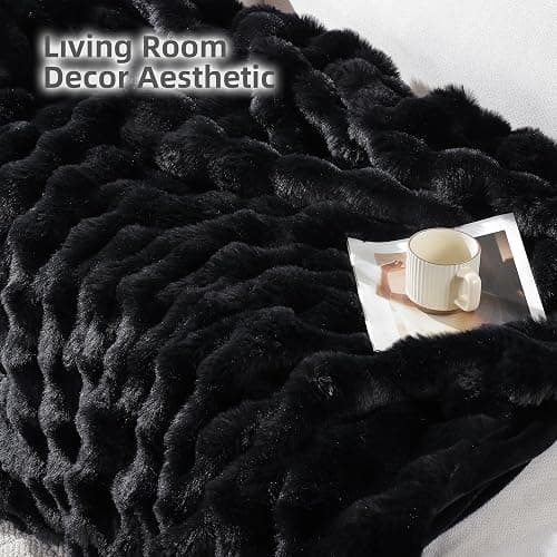 Smoofy Faux Fur Throw Blanket for Couch – Black Fluffy Cozy Rabbit Fleece, Plush Soft Bubble Blanket for Sofa & Bed, for Mom, Warm Fuzzy Home Room Decor Throw 50" x 60" thumbnail 5