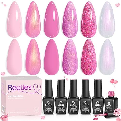 Beetles Pink Gel Nail Polish Set, 6 Colors Pink Reverie Shimmer Pearl Glitter Gel Polish, Soak Off Uv LED Nail Lamp DIY Manicure Gift for Women - Image 1