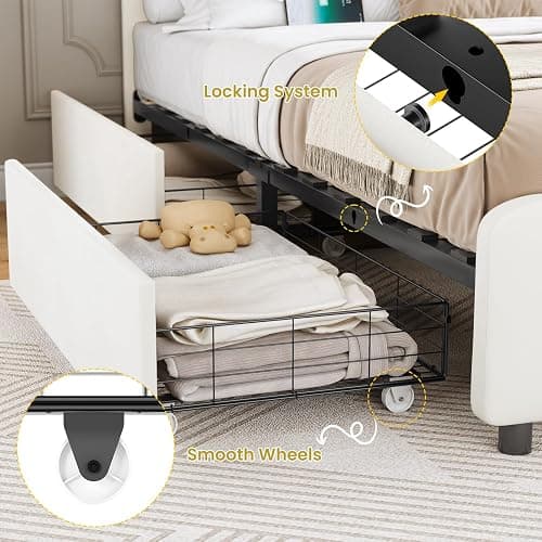 MSmask Twin Bed Frames with 4 Storage Drawers and LED Lights, Velvet Upholstered Platform Bed Frame with Height Adjustable Headboard, LED Bed Frame with Type C & USB, No Box Spring Needed, White thumbnail 5