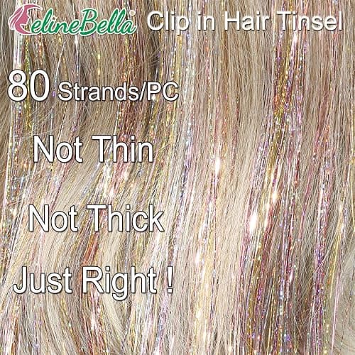 CelineBella Galaxy Hair Tinsel Clip In,Glitter Hair Strands for Girls Kids New Year Christmas Party Cosplay Festivals Gift (24 Inch Pack of 6Pcs, Galaxy) thumbnail 4