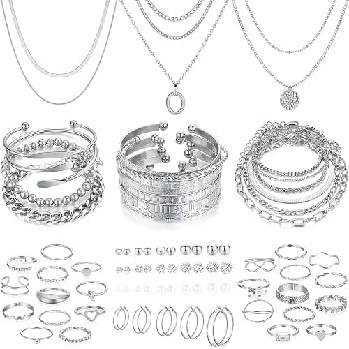 FAXHION 68 Pcs Gold Jewelry Set for Women with 7 Necklace, 17 Bracelet, 5 Hoop Earrings, 15 Stud Earrings, 24 Knuckle Rings for Women Jewelry Set for Women Gift - Image 1