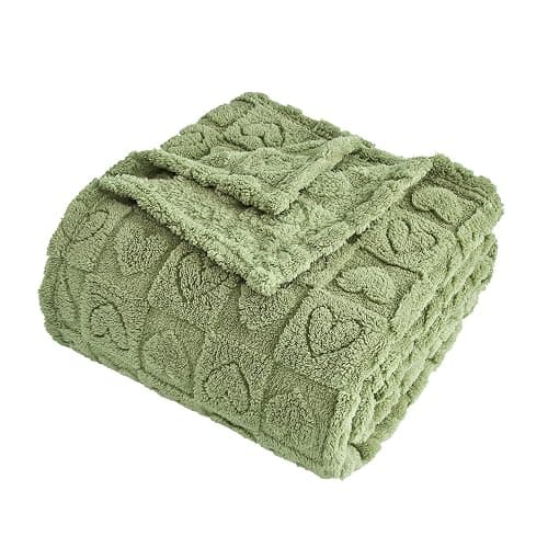 FY FIBER HOUSE Throw Blankets with Heart Checkered,Soft Warm Blankets for Lover Mom Father Gifts,Washable Lightweight Fuzzy Blanket for Couch Sofa Bed All Season(Sage Green,90"x90") - Image 1