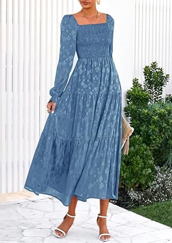 PRETTYGARDEN Fall Wedding Guest Dresses for Women 2025 Floral Long Sleeve Smocked Tiered Elegant Long Flowy Boho Dress thumbnail 5