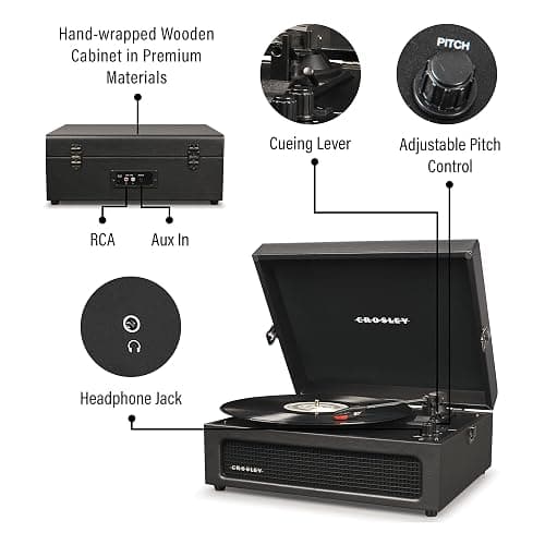 Crosley CR8017B-BK Voyager Vintage Portable Vinyl Record Player Turntable with Bluetooth in/Out and Built-in Speakers, Black thumbnail 3