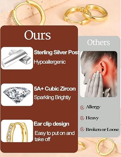 JEMARA Silver Hoop Earrings Minimalist 14K Gold Plated Hypoallergenic 925 Silver Huggie Cartilage Sleepers Earrings for Women Men thumbnail 7