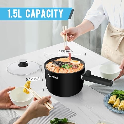 Topwit Hot Pot Electric, 1.5L Ramen Cooker, Portable Non-Stick Frying Pan, Electric Pot for Pasta, Steak, BPA Free, Electric Cooker with Dual Power Control, Over-Heating & Boil Dry Protection, Black thumbnail 2