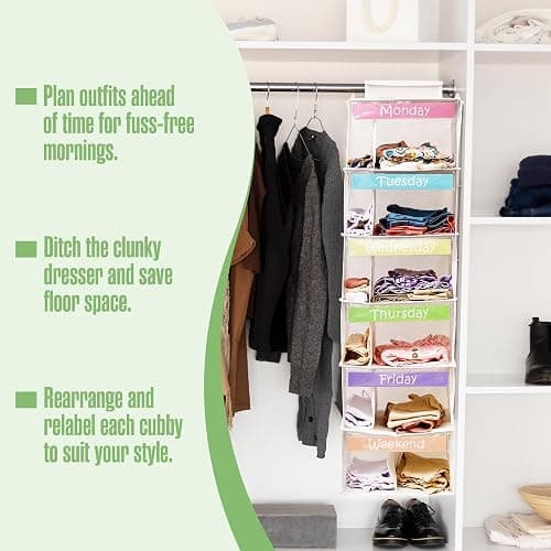 Kids Clothes Organizer, Weekly Clothes Organizer for Kids, Weekday, 6 Shelf | Houseables Outfit Organizers, Closet Daily Outfit Storage, Monday through Friday Clothing, Day of the Week, School, Hanging thumbnail 3