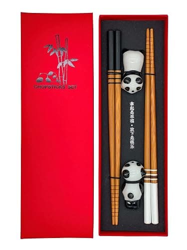 Sushi Essstäbchen Set Panda 2 Paar inklusive Keramik-Unterleger Premium Holz Nachhaltig Japanisch Chinesisch Koreanisch Taiwanesisch - Image 1