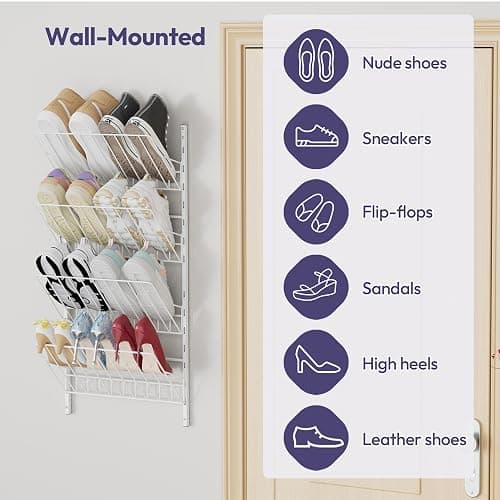 SWTYMIKI Over the Door Shoe Organizer - Adjustable 4 Tier Hanging Shoe Rack Organizer, Metal Heavy Duty Behind Door Storage or Wall Mount Shoes Shelf for Flats, Heels, Sneakers, Boots thumbnail 3