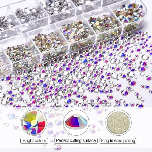 Nail Art Rhinestones Kit HUETFAT 2400pcs Nail Gems Ab Flatback Rhinestones Gems Stones, with Storage Organizer Box/Wax Pencil/Tweezers 6 Sizes (1.5-4.5 mm) for Nail Art Craft (2400pcs) thumbnail 3