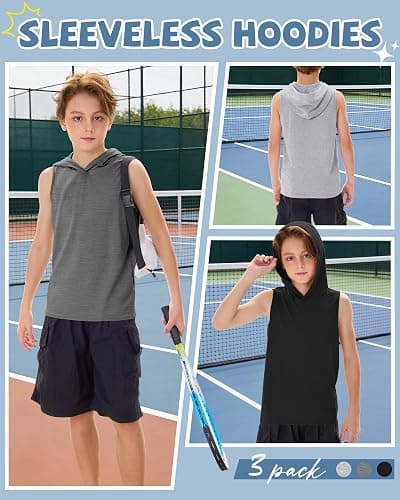 Oakgarden 3 Pack Boys Tank Top Hoodies | Sleeveless Shirts, Muscle Shirts, Workout Pullover, Athletic, Active, Summer, Casual, for Youth 5-16 Years, School, Running thumbnail 5
