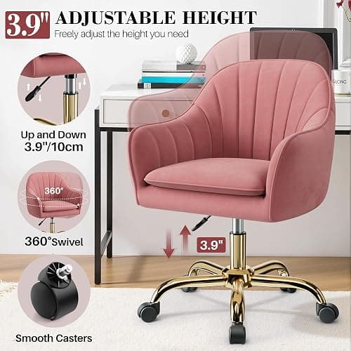 BestEra Vanity Chair with Wheels, Comfy Home Office Desk Chairs Adjustable Modern Velvet Makeup Vanity Chairs for Bedroom Living Room-Dusty Rose thumbnail 6