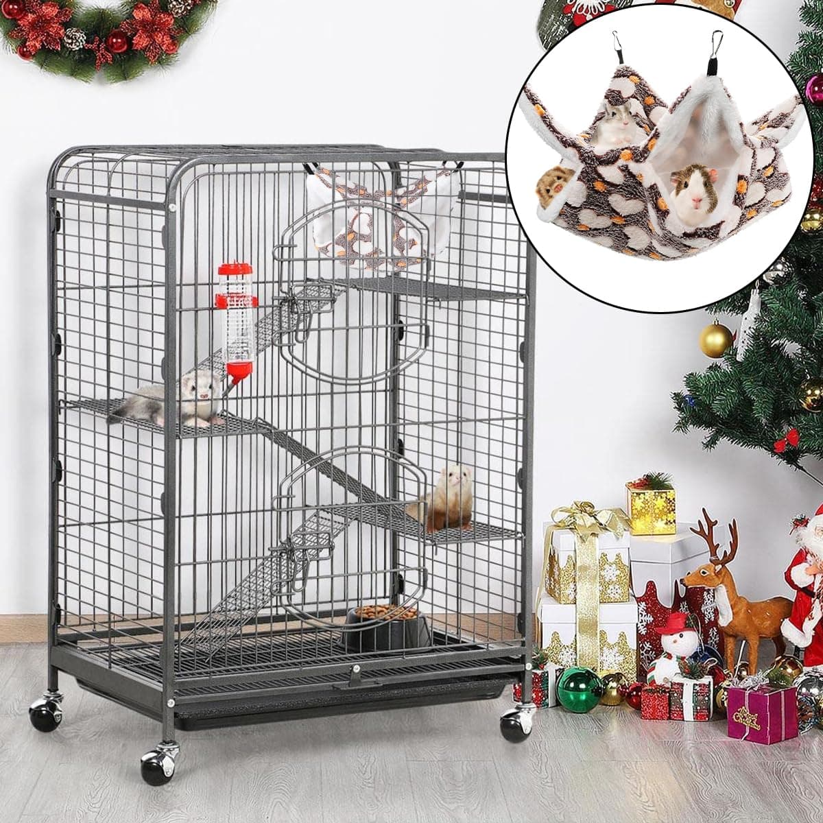 Small Pet Cage Hammock, 1 PCS Double Layer Pet Hanging Bed for Ferrets, Guinea Pigs, Hamster, Squirrel, Rabbit (30 x 30cm/11.8 x 11.8in) thumbnail 6