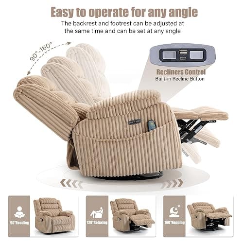 SINCRUMI Power Swivel Rocker Recliner Chair for Adults with Vibration and Heat, USB and Type-C Charging Port, Infinite Position, Electric Glider Rocking Chairs for Living Room, Nursery, Light Camel thumbnail 4