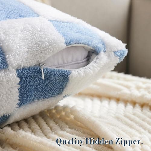 Ohocut Checkered Jacquard Shag Throw Pillow Covers, Pack of 2 Fluffy Blue Cute Decorative Aesthetic Soft Checkered Throw Pillow Cases for Couch Sofa Bedroom,18x18 Inch thumbnail 2