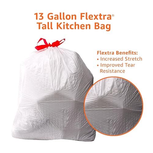 Amazon Basics 13 Gallon Tall Kitchen Drawstring Trash Bags, Flextra Strength, Clean Fresh Scent, Tear Resistant, 0.9 mil Thickness, 10% Post Consumer Recycled, 120 Count thumbnail 4