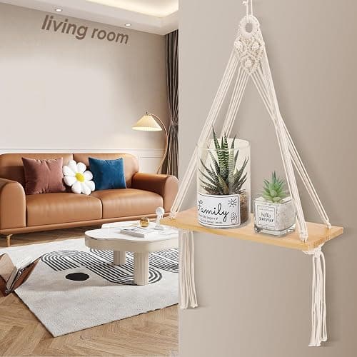 Sunkaioo Macrame Wall Hanging Shelf Set of 2,Boho Wooden Display Floating Shelves for Wall Decor with Handmade Woven Rope,Farmhouse Rustic Plant Shelf for Bedroom Dorm Nursery Living Room Bathroom thumbnail 2