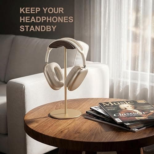 QinCoon Headphone Stand, Walnut Wood & Aluminum Headset Stand, Nature Walnut Gaming Headset Holder with Solid Heavy Base for All Headphone Sizes (Gold) thumbnail 4