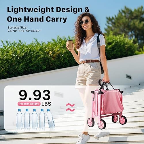 Hombetta Collapsible Wagon Cart with Wheels, 150L Lightweight Foldable Utility Cart, Portable Rolling Wagon for Garden, Shopping, Sports, Camping, Transport, Pink thumbnail 4