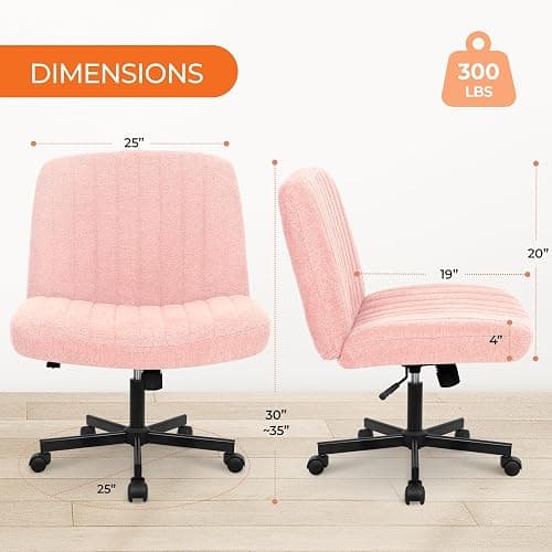 Orange Factory Criss Cross Chair with Wheels Comfy Cross Legged Office Desk Armless Wide Vanity Makeup Chair Adjustable Rolling Computer for Home Office Fabric (Pink) - Pink - With Wheels thumbnail 2