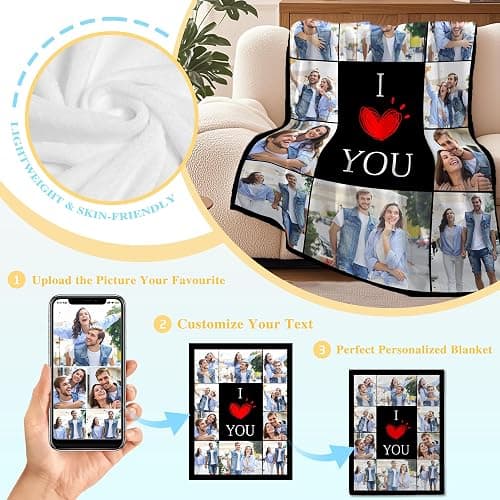 Bianspz Ships Next Day, Personalized Valentines Day Birthday Gifts for Him/Her, Custom Blanket with Photos, Personalized Blanket Couple Gifts Christmas for Mom Dad Boyfriend Girlfriend Wife Husband thumbnail 2